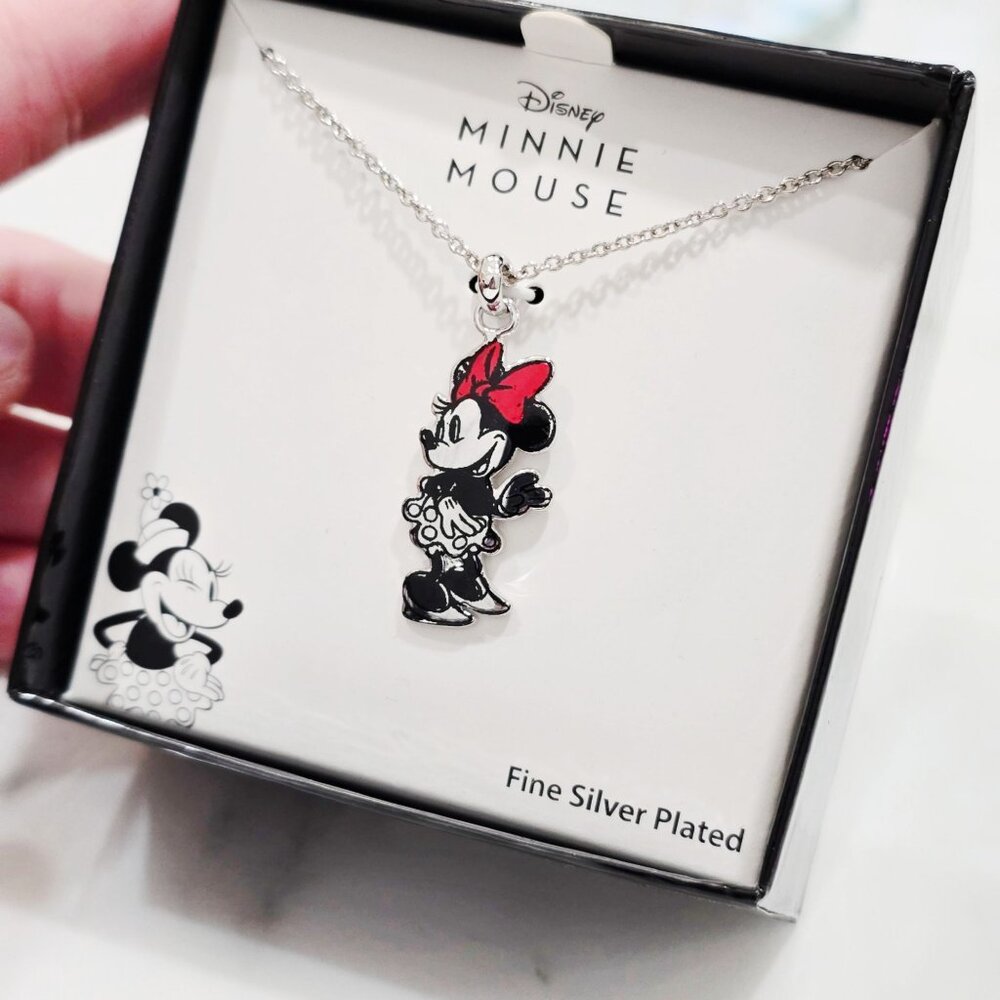 Disney Minnie Mouse Fine Silver Plated Red Bow Pendant Charm Necklace NWT - Picture 3 of 7
